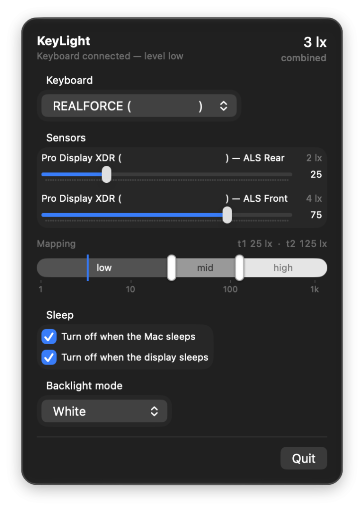 Menu showing the configuration interface for KeyLight, with sliders for selecting the weighting of different light sensors, and for selecting the mapping of light level to keyboard backlight brightness.